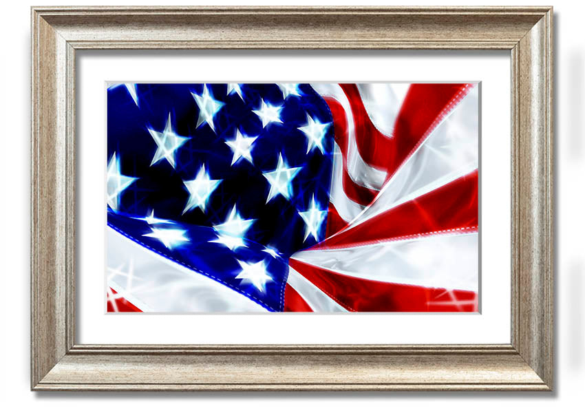 Framed print of the American Stars and Stripes flag, showcasing vibrant colors and quality craftsmanship.