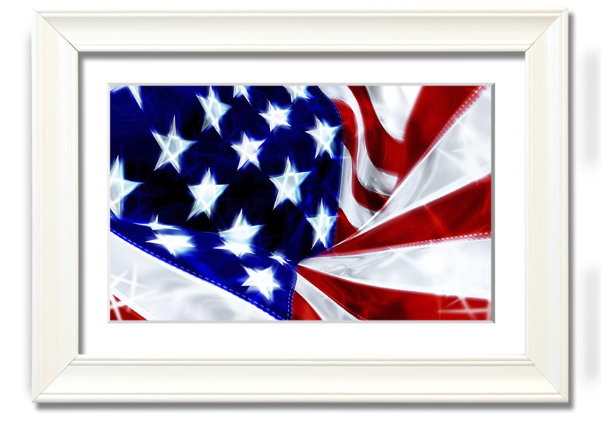 Framed print of the American Stars and Stripes flag, showcasing vibrant colors and quality craftsmanship.