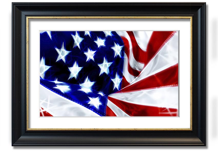 Framed print of the American Stars and Stripes flag, showcasing vibrant colors and quality craftsmanship.