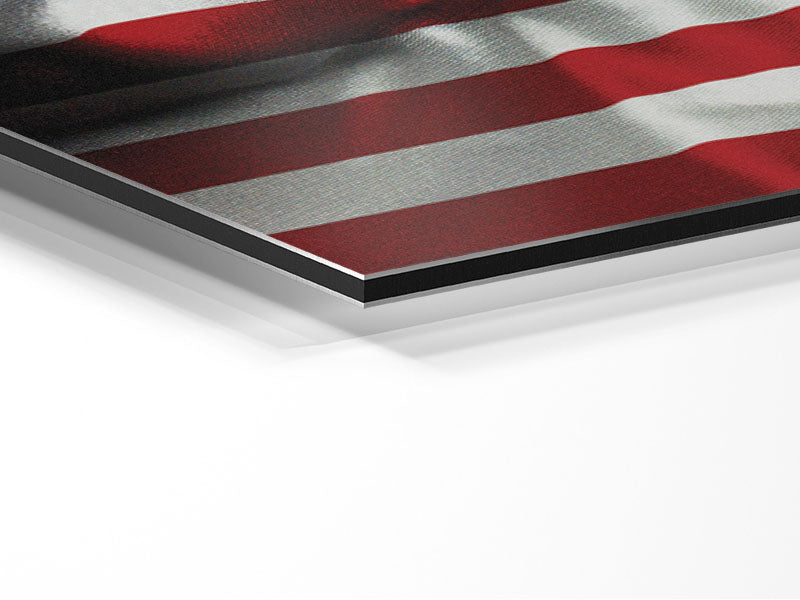 American USA Flag printed on brushed aluminum dibond, showcasing vibrant colors and modern design.