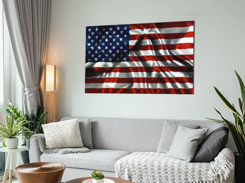 American USA Flag printed on brushed aluminum dibond, showcasing vibrant colors and modern design.