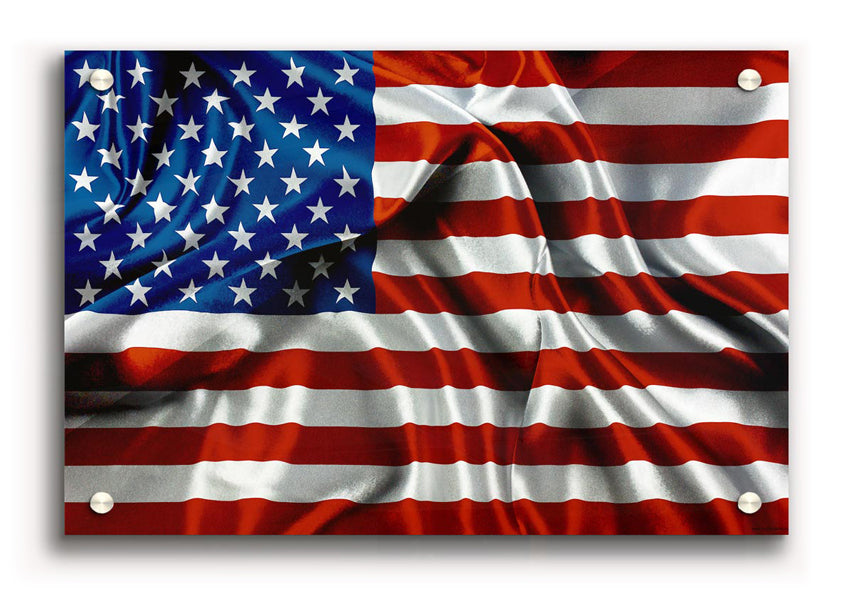 Vibrant American USA Flag acrylic print on a wall, showcasing vivid colors and details.