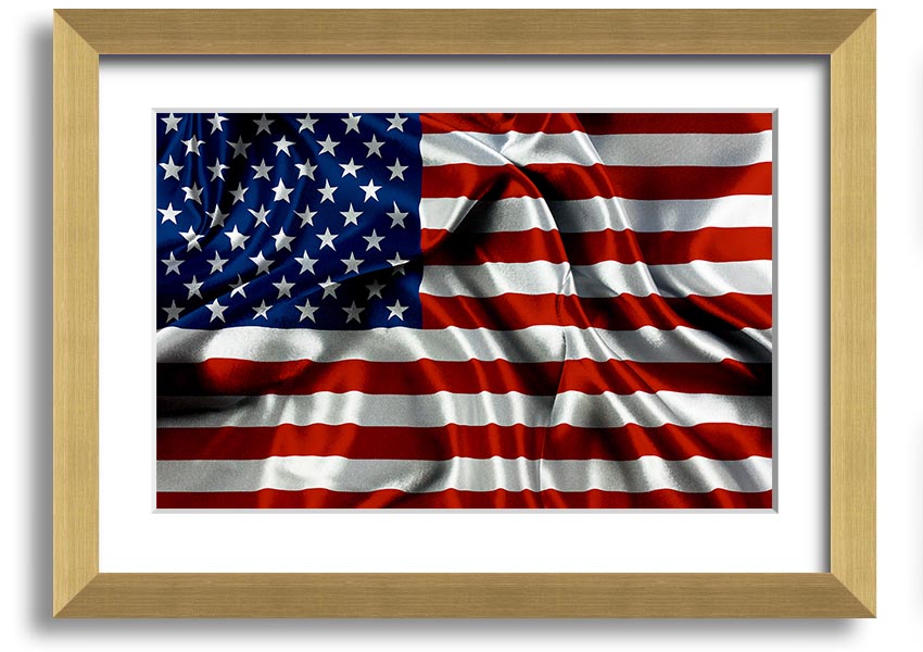 Framed print of the American USA Flag, showcasing vibrant colors and quality craftsmanship, ready to hang.