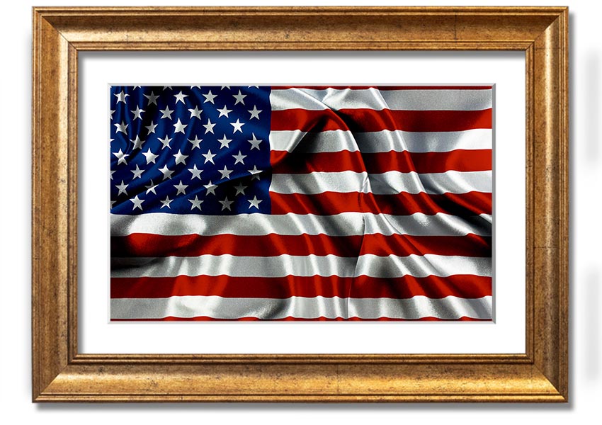 Framed print of the American USA Flag, showcasing vibrant colors and quality craftsmanship, ready to hang.