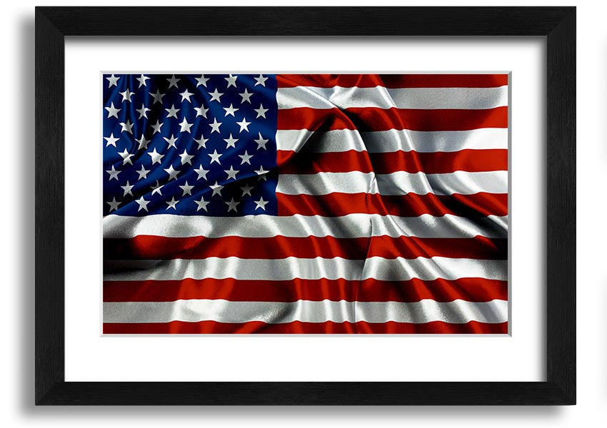 Framed print of the American USA Flag, showcasing vibrant colors and quality craftsmanship, ready to hang.