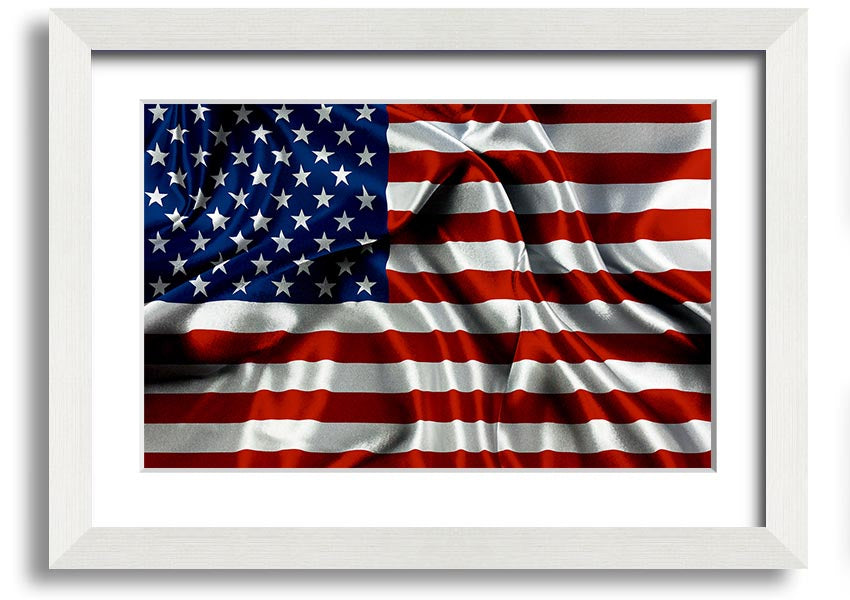 Framed print of the American USA Flag, showcasing vibrant colors and quality craftsmanship, ready to hang.