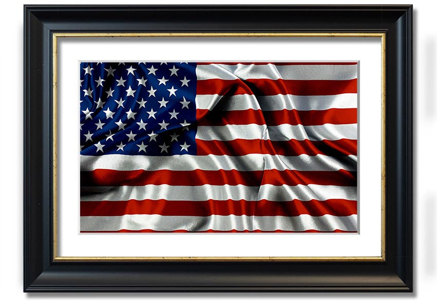 Framed print of the American USA Flag, showcasing vibrant colors and quality craftsmanship, ready to hang.