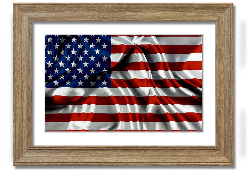 Framed print of the American USA Flag, showcasing vibrant colors and quality craftsmanship, ready to hang.