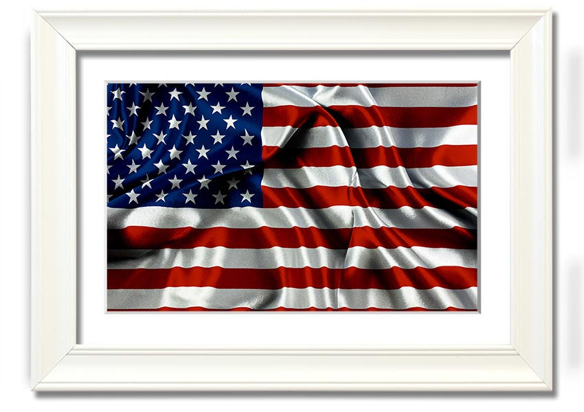 Framed print of the American USA Flag, showcasing vibrant colors and quality craftsmanship, ready to hang.