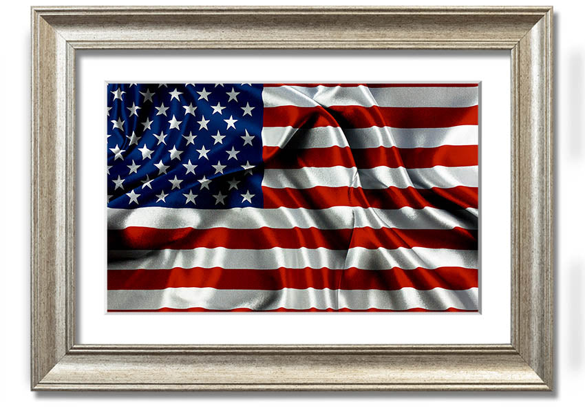 Framed print of the American USA Flag, showcasing vibrant colors and quality craftsmanship, ready to hang.