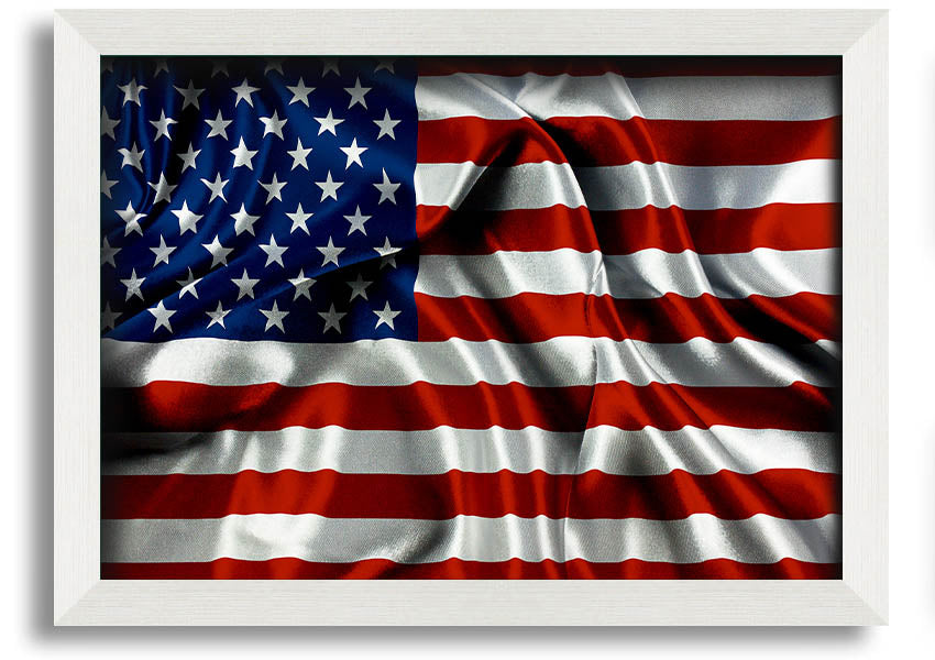 Framed print of the American USA Flag, showcasing vibrant colors and quality craftsmanship, ready to hang.