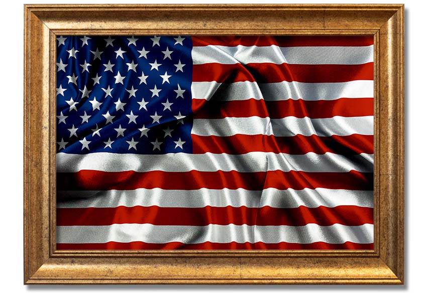 Framed print of the American USA Flag, showcasing vibrant colors and quality craftsmanship, ready to hang.