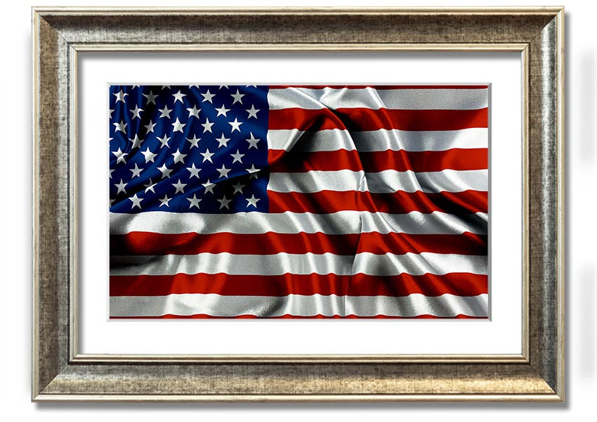 Framed print of the American USA Flag, showcasing vibrant colors and quality craftsmanship, ready to hang.