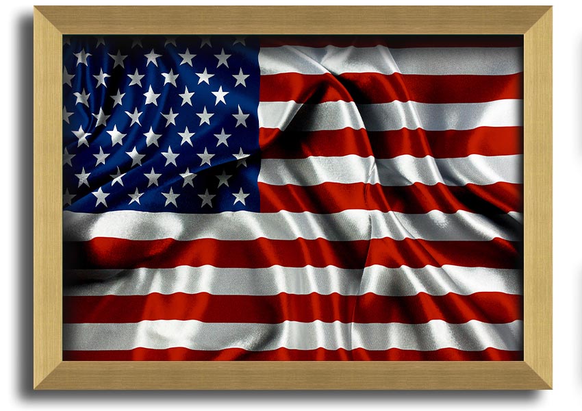 Framed print of the American USA Flag, showcasing vibrant colors and quality craftsmanship, ready to hang.