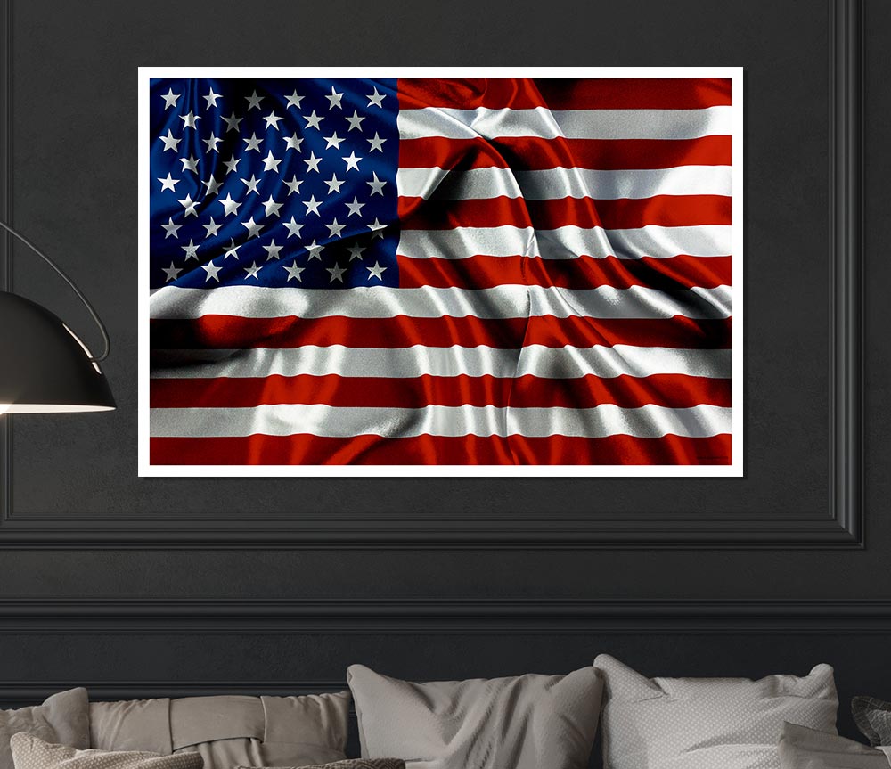 American USA Flag poster printed on high-quality canvas, showcasing vibrant colors and intricate details.