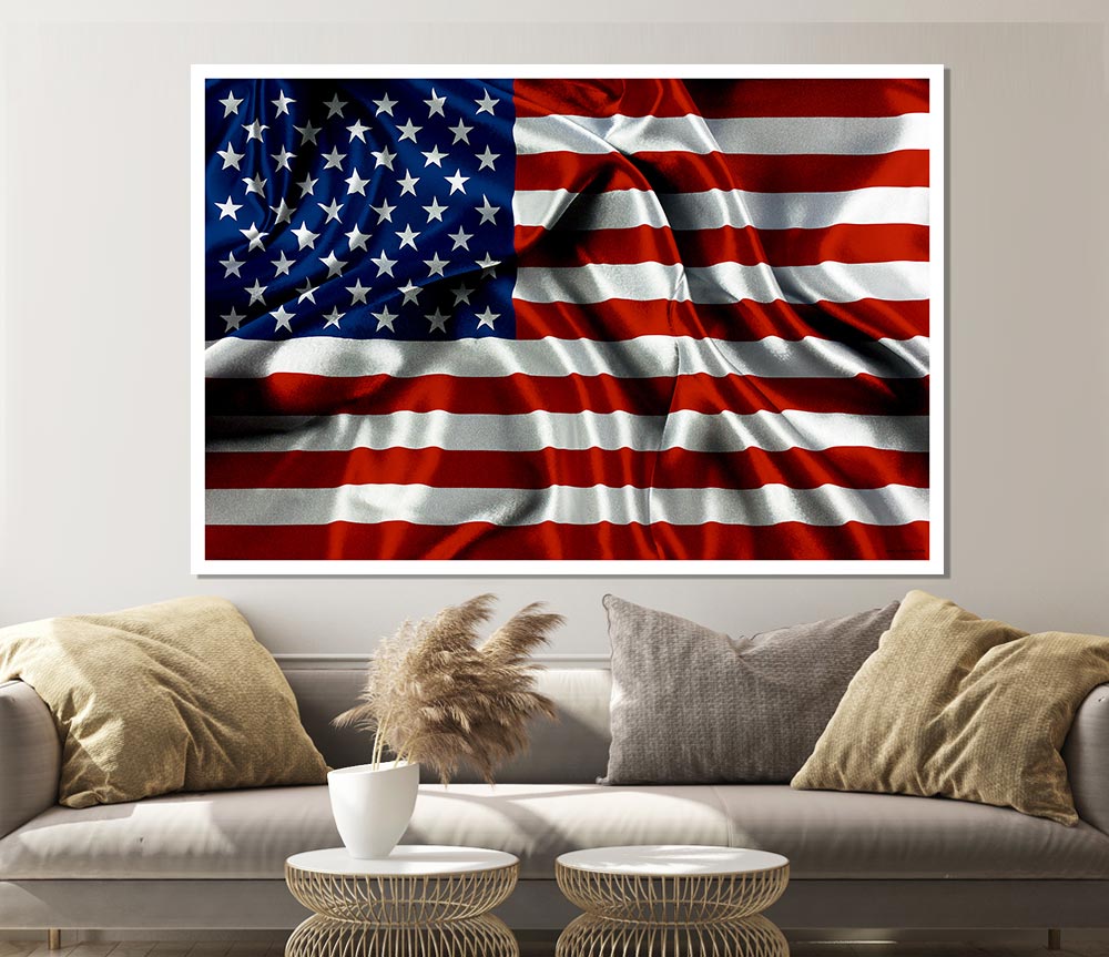 American USA Flag poster printed on high-quality canvas, showcasing vibrant colors and intricate details.