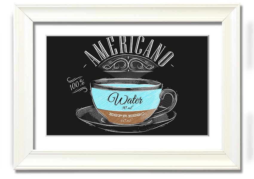 Americano Coffee framed print with multiple frame color options, showcasing a beautiful coffee-themed artwork.