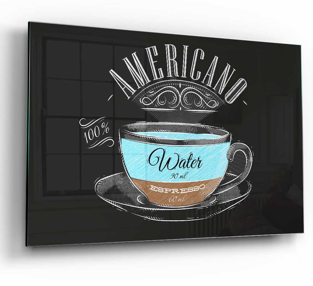 A modern Americano Coffee glass print featuring vibrant colors and intricate design, perfect for home decor.