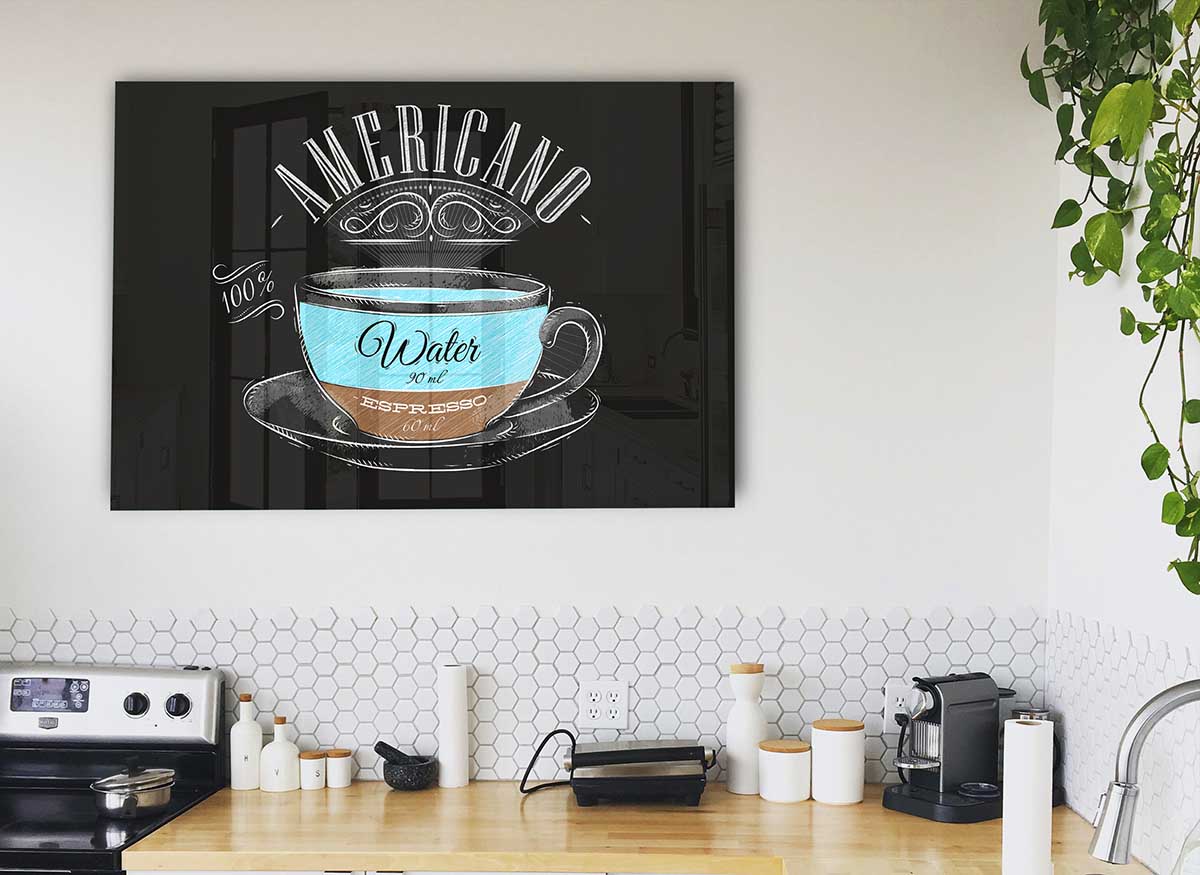 A modern Americano Coffee glass print featuring vibrant colors and intricate design, perfect for home decor.