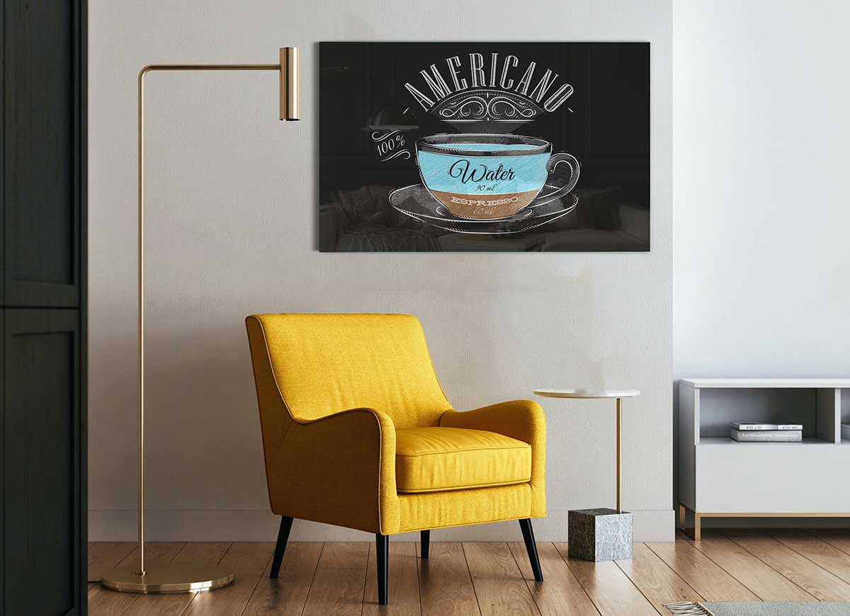 A modern Americano Coffee glass print featuring vibrant colors and intricate design, perfect for home decor.