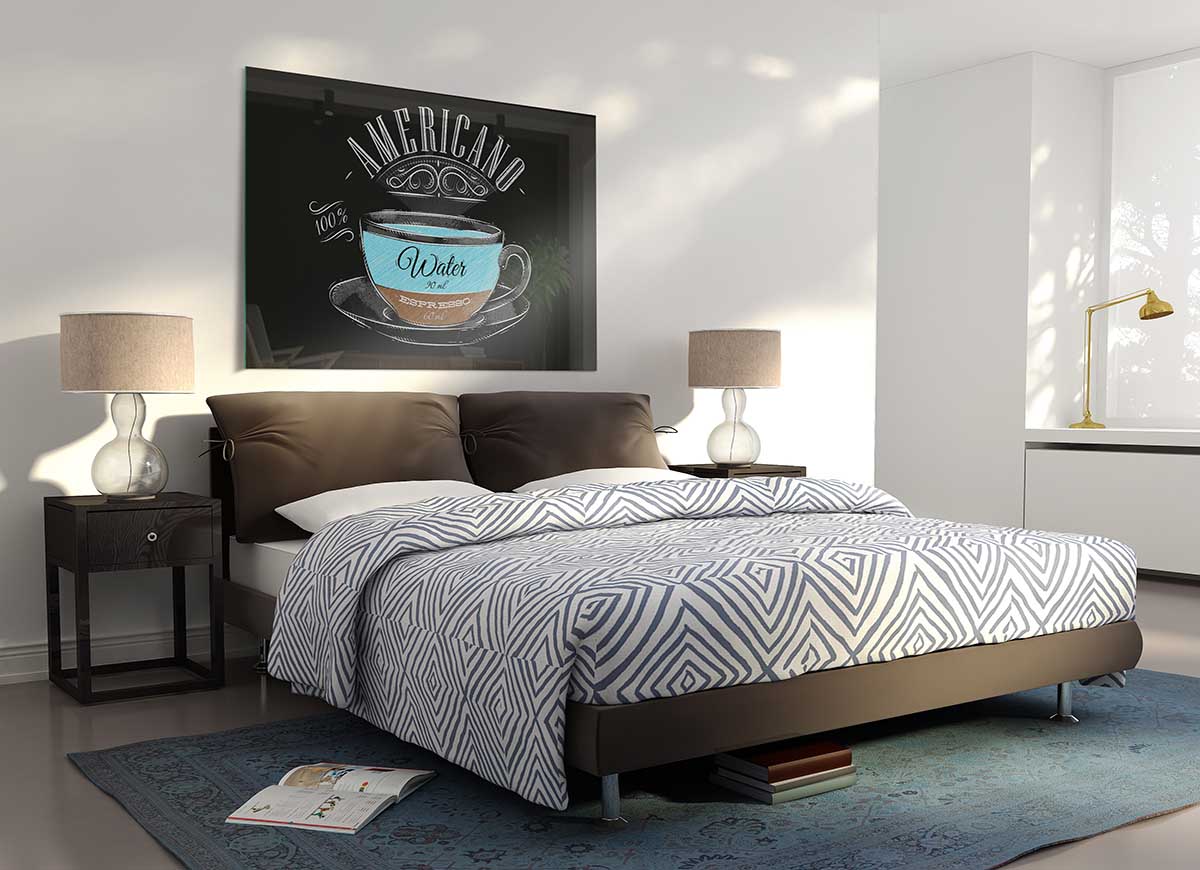 A modern Americano Coffee glass print featuring vibrant colors and intricate design, perfect for home decor.