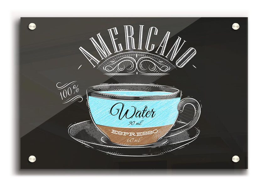 A vibrant Americano Coffee acrylic print on a wall, showcasing rich colors and a modern design.