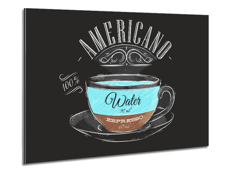 Americano Coffee art print on brushed aluminium dibond, showcasing a modern design with coffee-themed artwork.