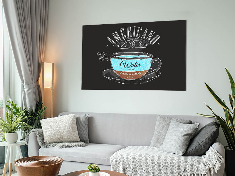 Americano Coffee art print on brushed aluminium dibond, showcasing a modern design with coffee-themed artwork.