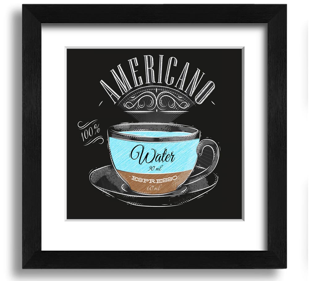 Americano Coffee Square Framed Print in various frame colours, showcasing coffee-themed art.