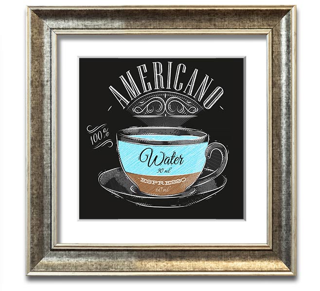 Americano Coffee Square Framed Print in various frame colours, showcasing coffee-themed art.