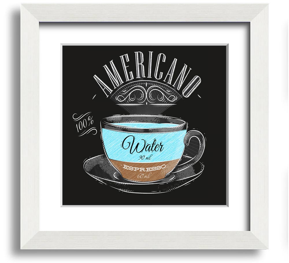 Americano Coffee Square Framed Print in various frame colours, showcasing coffee-themed art.