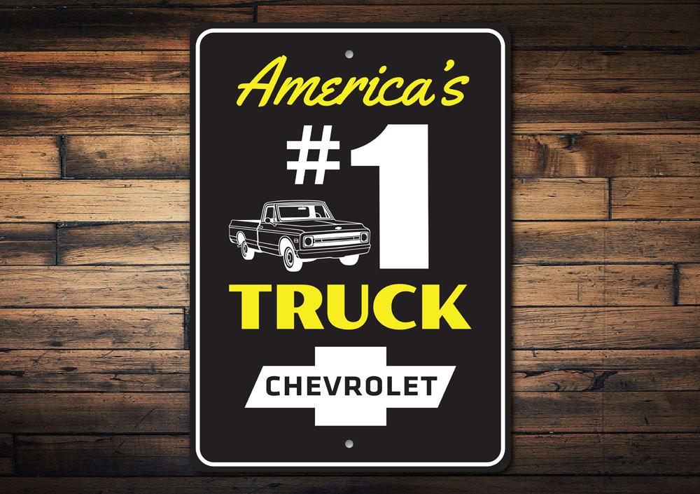 America's #1 Truck Sign made from high-quality aluminum, featuring customizable text and pre-drilled holes for easy mounting.