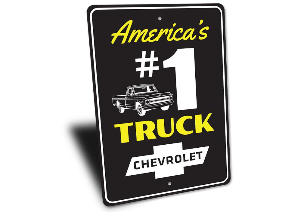 America's #1 Truck Sign made from high-quality aluminum, featuring customizable text and pre-drilled holes for easy mounting.