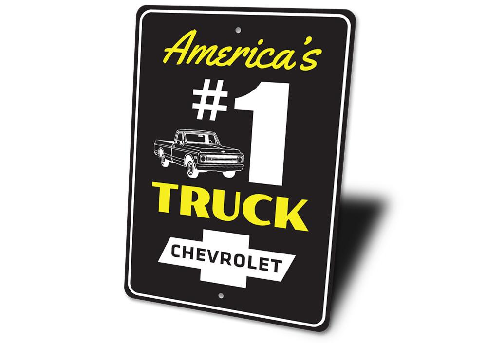 America's #1 Truck Sign made from high-quality aluminum, featuring customizable text and pre-drilled holes for easy mounting.