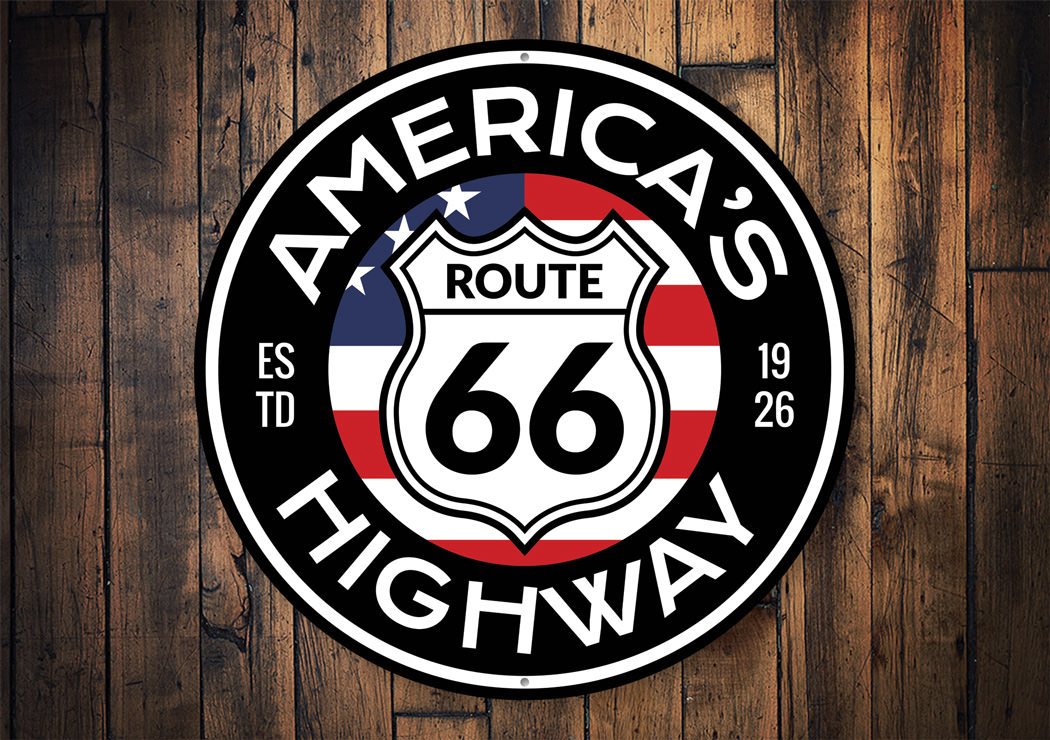 America's Highway Est 1926 Route 66 Sign made of high-quality aluminum, featuring vibrant colors and a classic design, perfect for home decor.