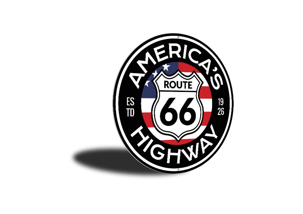 America's Highway Est 1926 Route 66 Sign made of high-quality aluminum, featuring vibrant colors and a classic design, perfect for home decor.