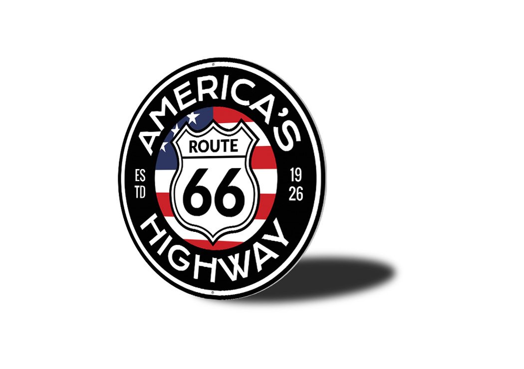 America's Highway Est 1926 Route 66 Sign made of high-quality aluminum, featuring vibrant colors and a classic design, perfect for home decor.