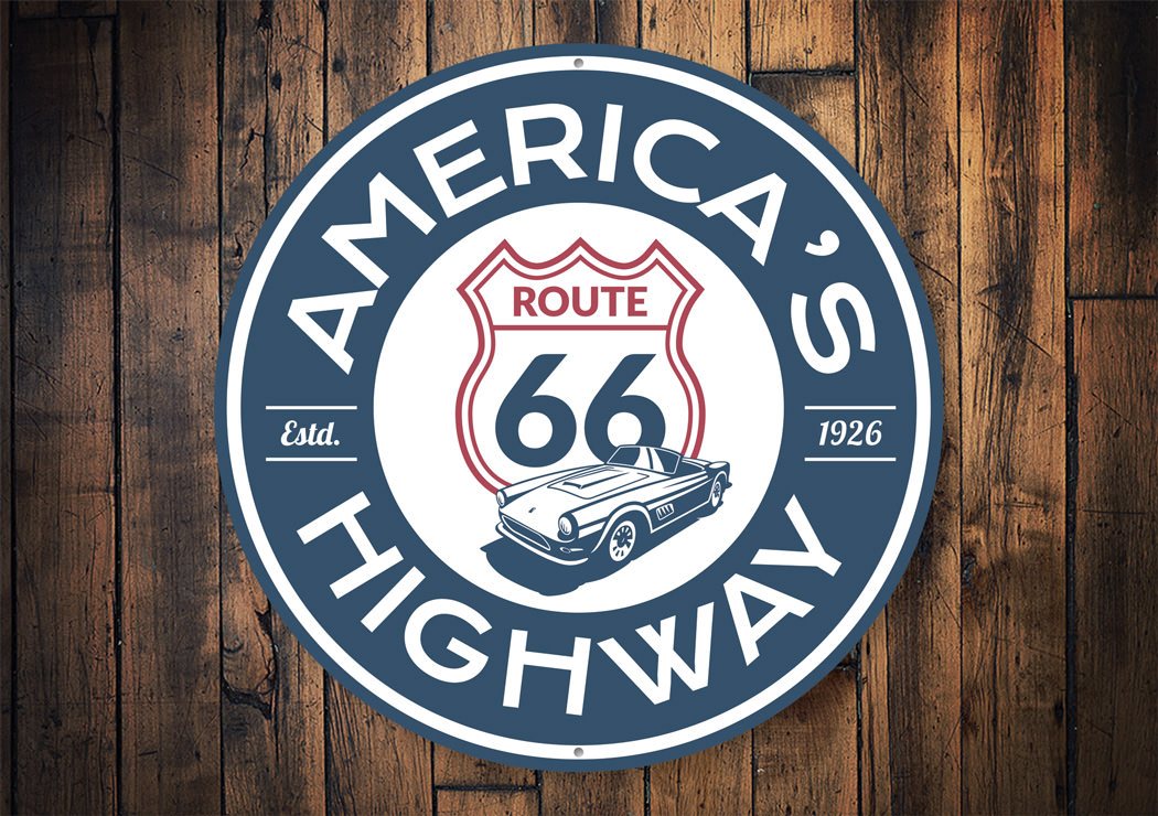 America's Highway Established 1926 Route 66 Sign made of high-quality aluminum, featuring vibrant colors and a nostalgic design.