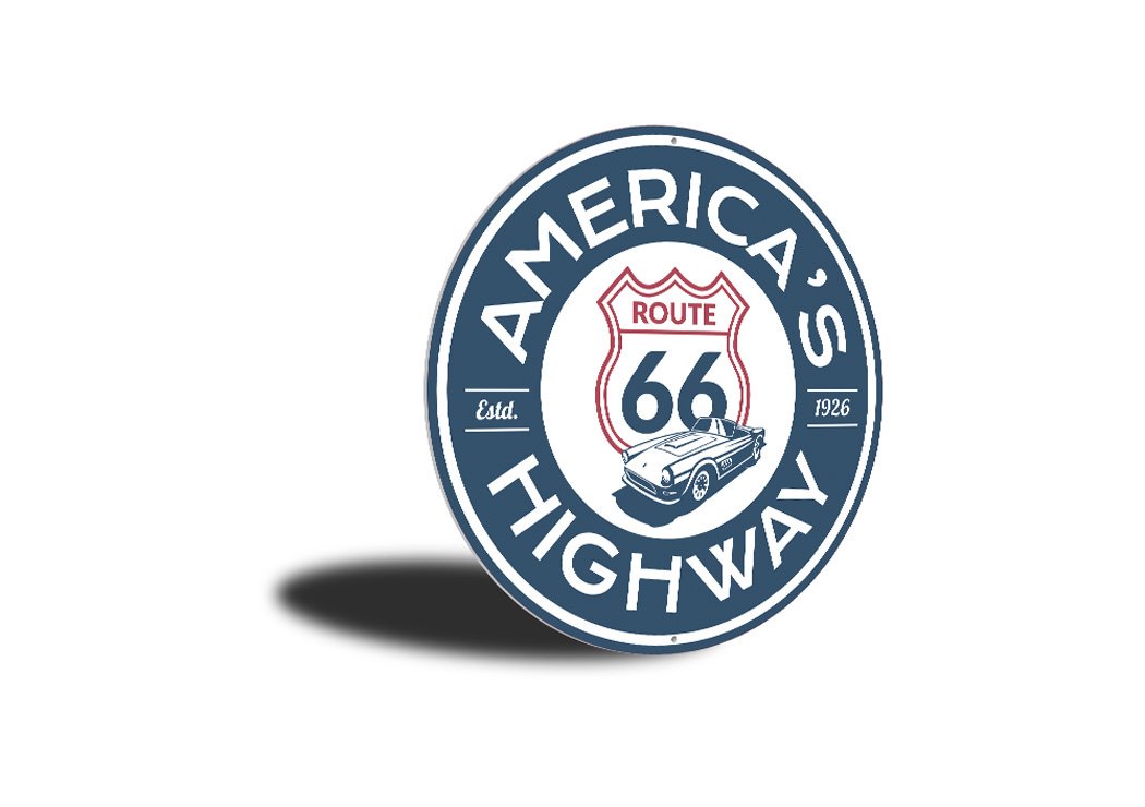 America's Highway Established 1926 Route 66 Sign made of high-quality aluminum, featuring vibrant colors and a nostalgic design.