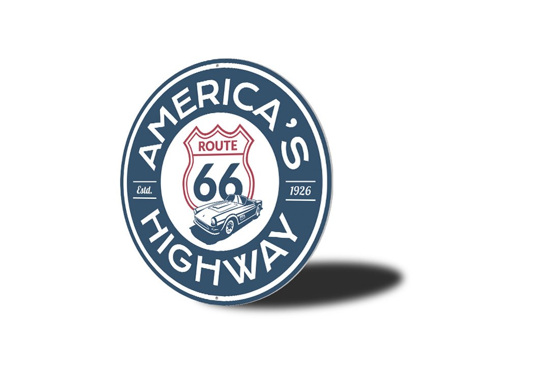 America's Highway Established 1926 Route 66 Sign made of high-quality aluminum, featuring vibrant colors and a nostalgic design.