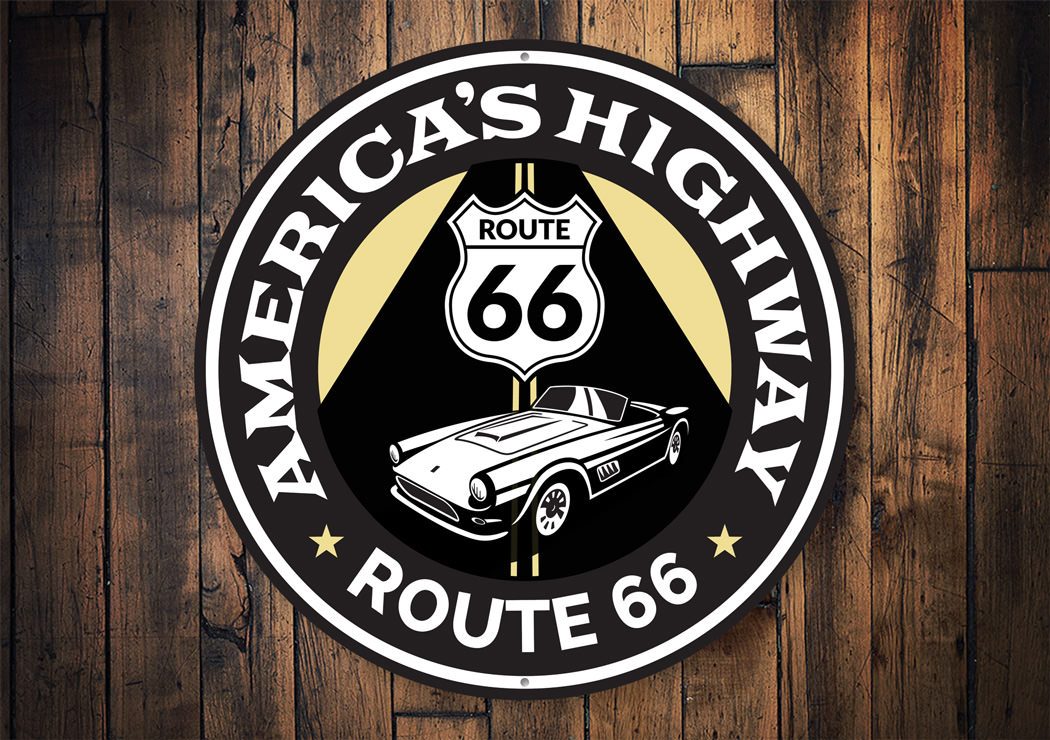 A vibrant Route 66 road sign made of aluminum, showcasing the iconic highway symbol with a rustic finish, perfect for home decor.