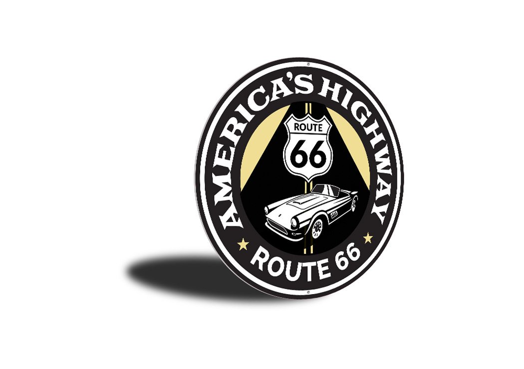 A vibrant Route 66 road sign made of aluminum, showcasing the iconic highway symbol with a rustic finish, perfect for home decor.