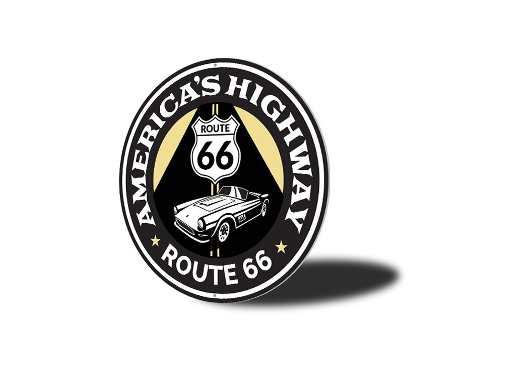 A vibrant Route 66 road sign made of aluminum, showcasing the iconic highway symbol with a rustic finish, perfect for home decor.