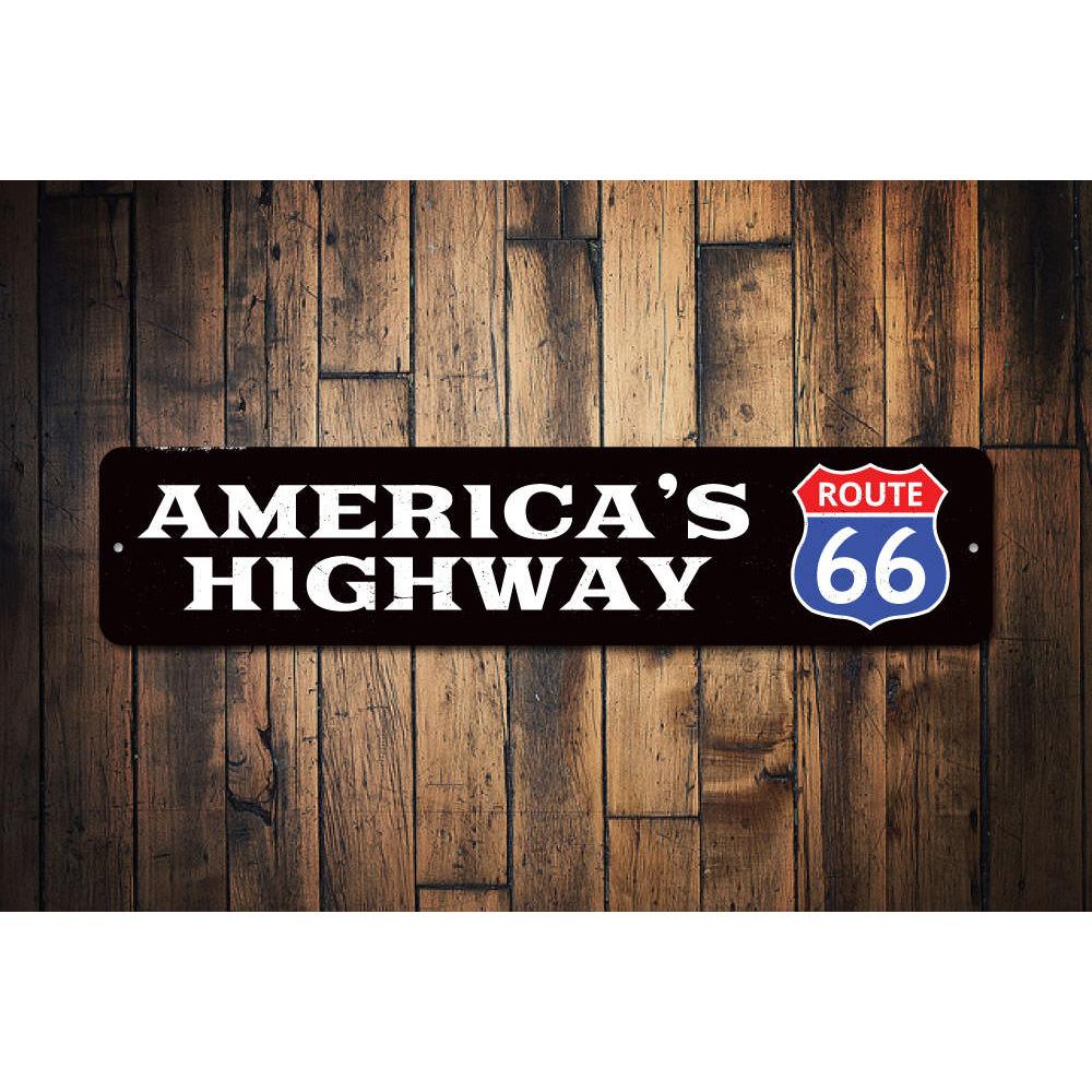 Decorative America's Highway Route 66 sign made of aluminum, featuring vibrant colors and a classic design, perfect for home decor.