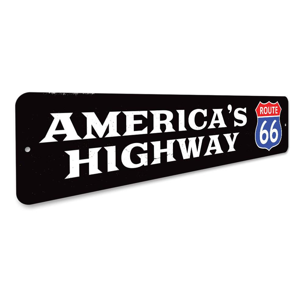 Decorative America's Highway Route 66 sign made of aluminum, featuring vibrant colors and a classic design, perfect for home decor.