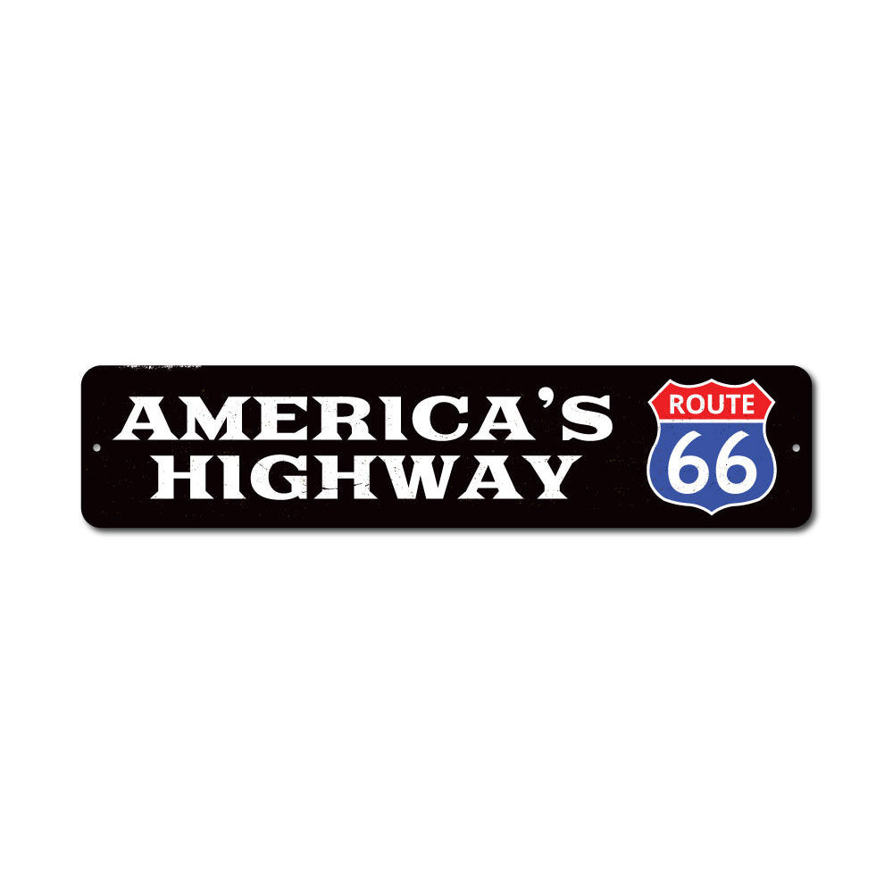 Decorative America's Highway Route 66 sign made of aluminum, featuring vibrant colors and a classic design, perfect for home decor.