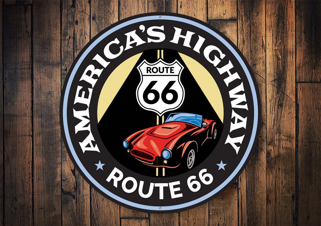 A vibrant Route 66 sign made of aluminum, showcasing the iconic highway design, perfect for home decor.