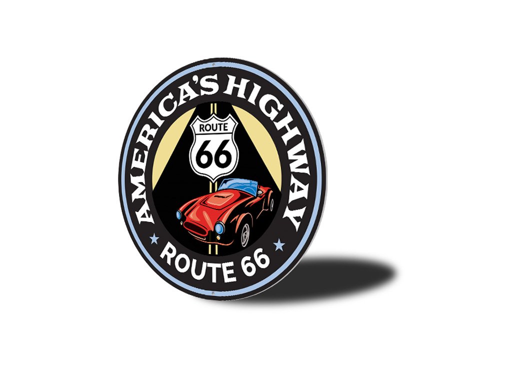 A vibrant Route 66 sign made of aluminum, showcasing the iconic highway design, perfect for home decor.