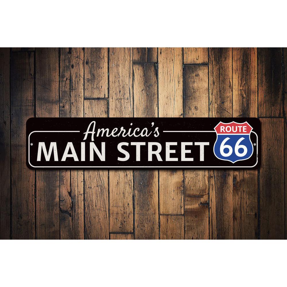 Decorative America's Main Street Route 66 Sign made of high-quality aluminum, featuring vibrant colors and pre-drilled holes for easy mounting.