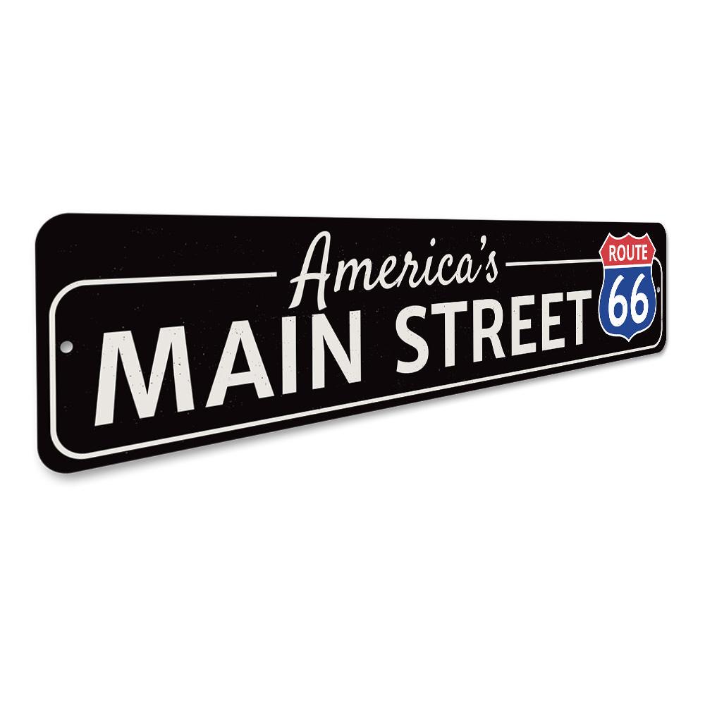 Decorative America's Main Street Route 66 Sign made of high-quality aluminum, featuring vibrant colors and pre-drilled holes for easy mounting.